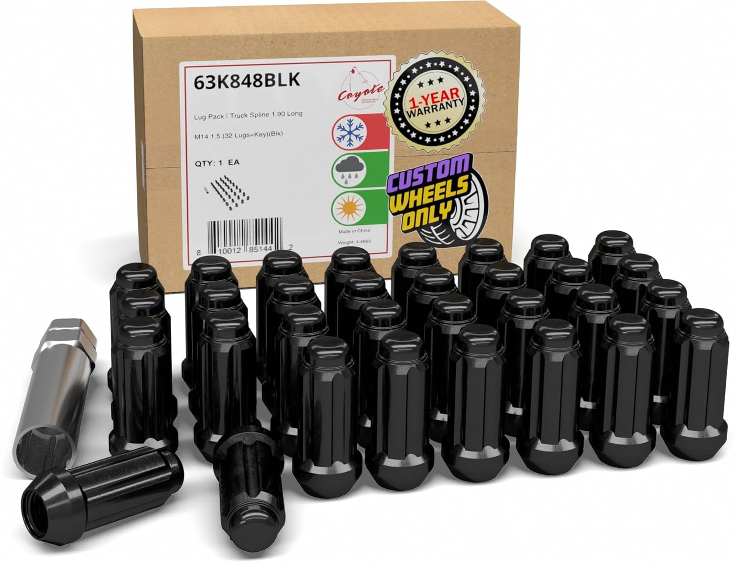 Wheel Accessories Parts 32 Pcs M14x1.5 14x1.5 Thread Truck 2.00" Long Spline Lug Nuts Black 6 Spline Hex Fits 1999+ Chevrolet Silverado GMC Sierra 2500 3500 Ford 2005+ F250 F350 2011+ Ram 2500 3500