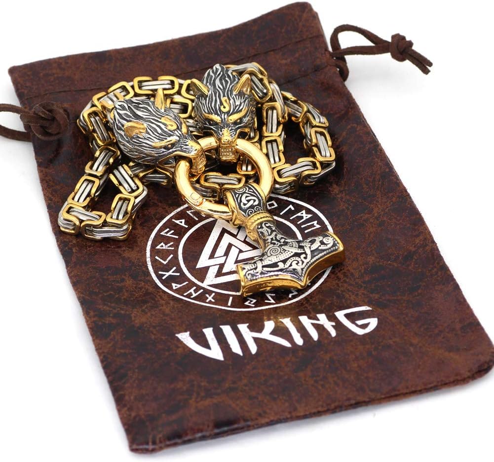 GuoShuang Men Wolf head norse viking amulet thor hammer pendant necklace -stainless steel king chain