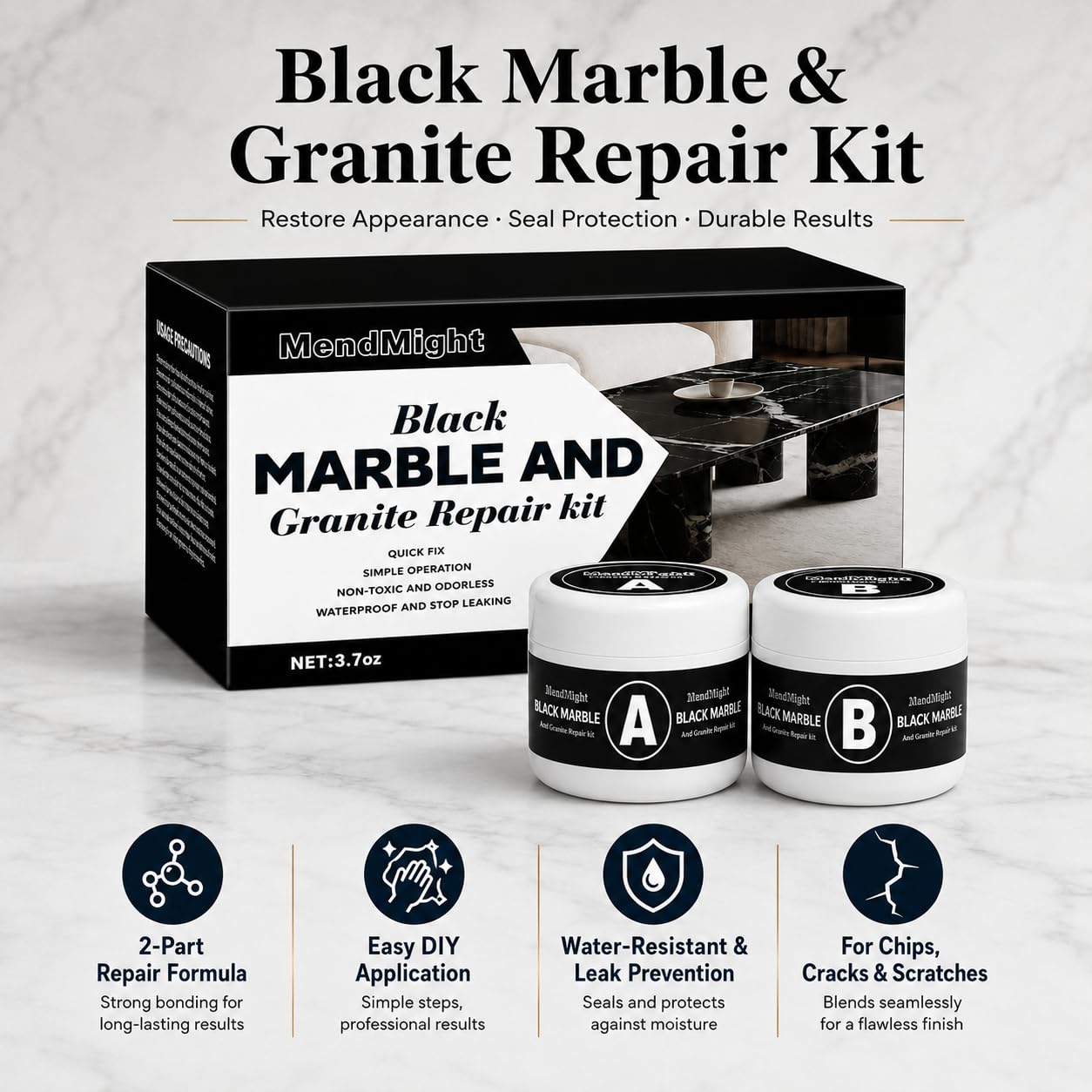 Black Quartz Countertop Repair Kit, Professional Tile, Marble and Granite Repair Kit for Edge Chips, Cracks, Scratches and Holes on Quartz, Marble, Porcelain and Other Stone Surfaces
