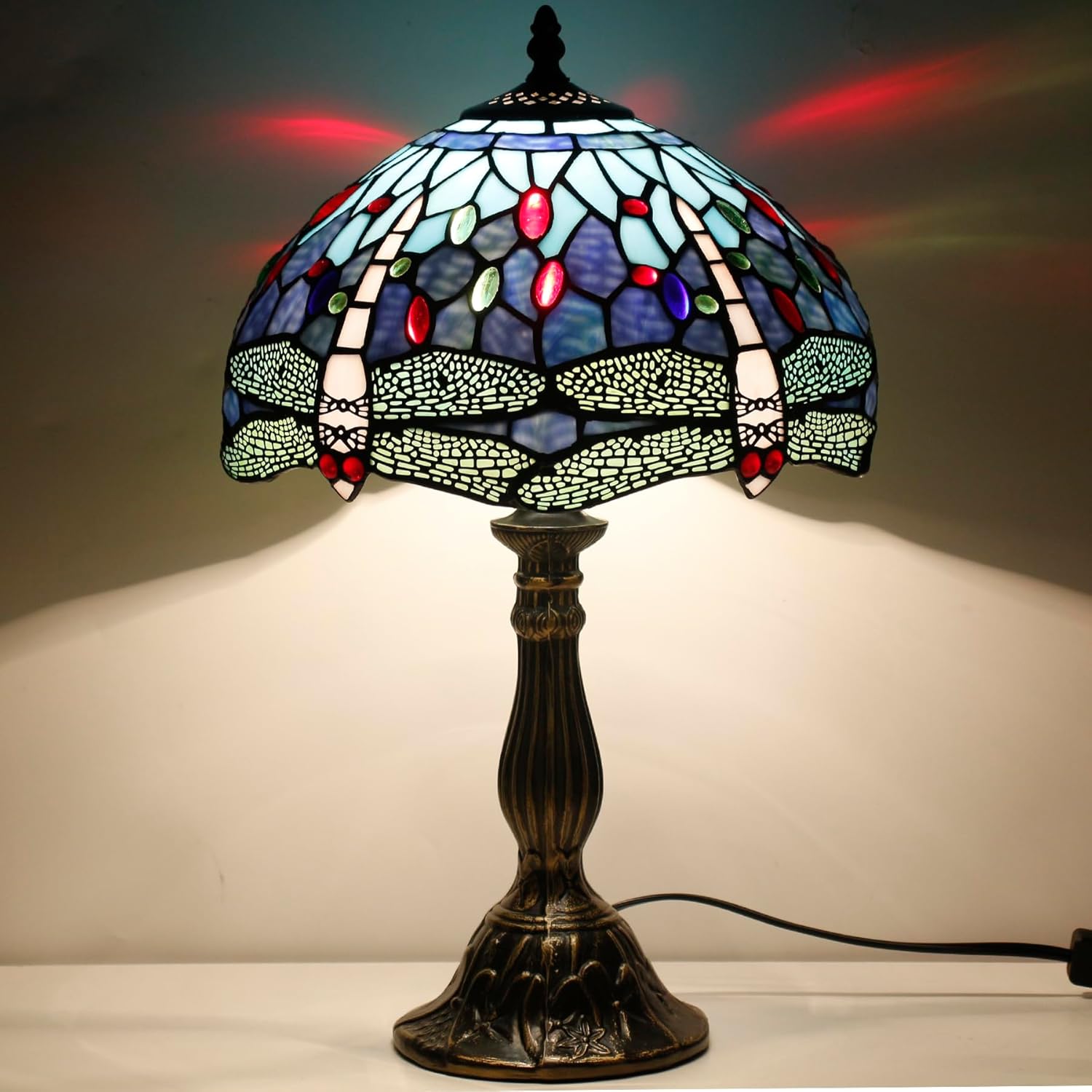 WERFACTORY Tiffany Table Lamp Blue Stained Glass Dragonfly Style Bedside Desk Reading Light 12X12X18 Inches Decor Bedroom Living Room Home Office S004 Series