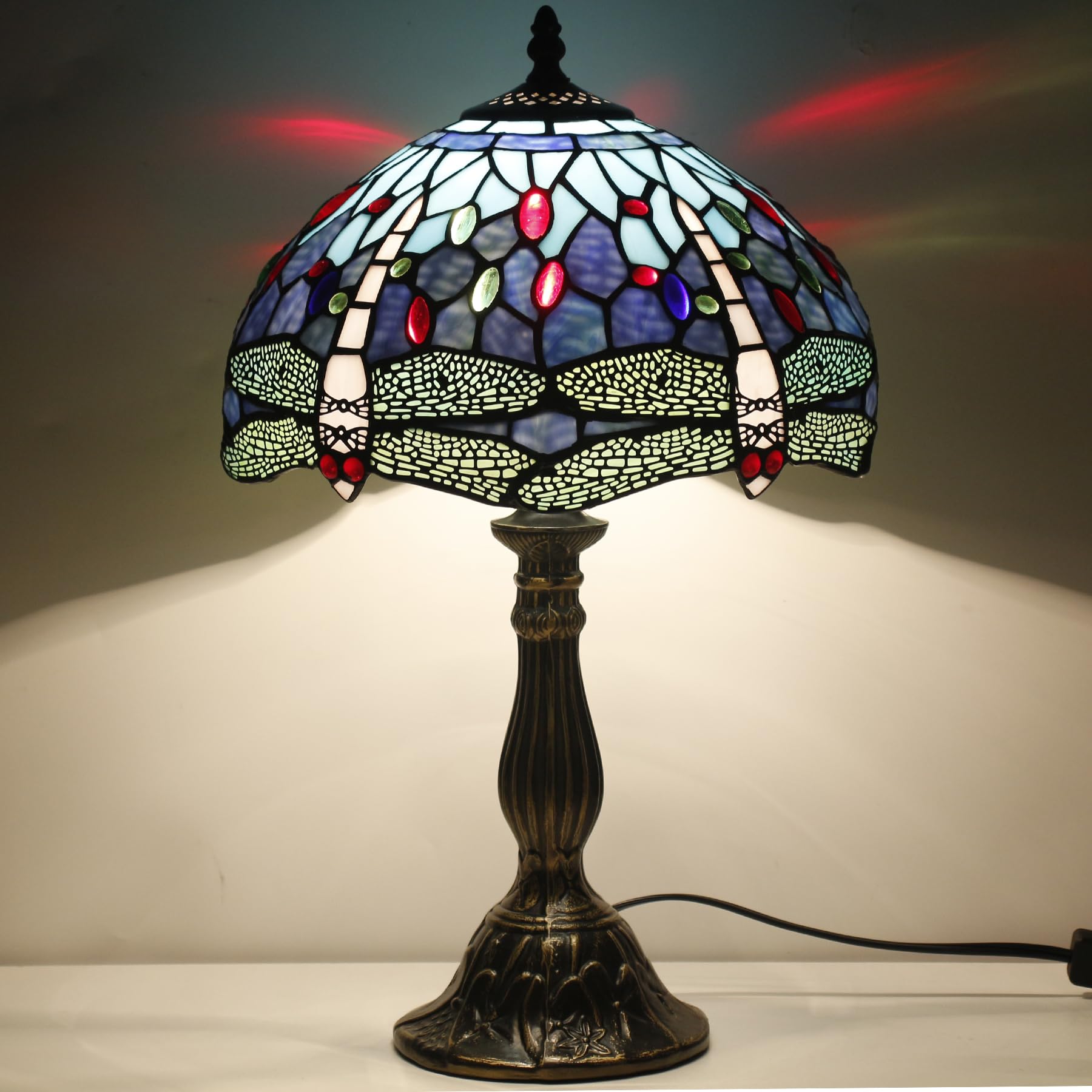 WERFACTORY Tiffany Table Lamp Blue Stained Glass Dragonfly Style Bedside Desk Reading Light 12X12X18 Inches Decor Bedroom Living Room Home Office S004 Series