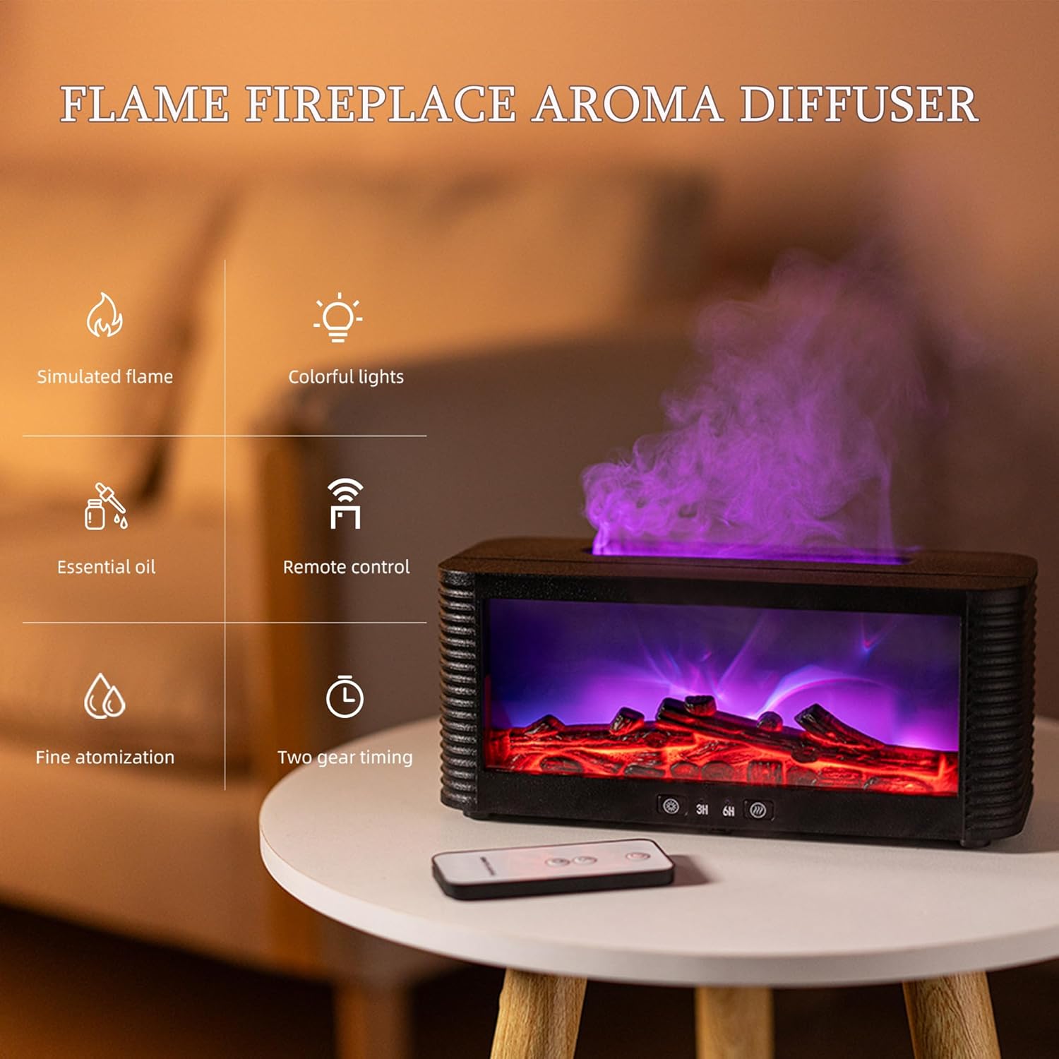 LOVCY Fireplace Aroma Diffuser with colorful flame effect and mist.