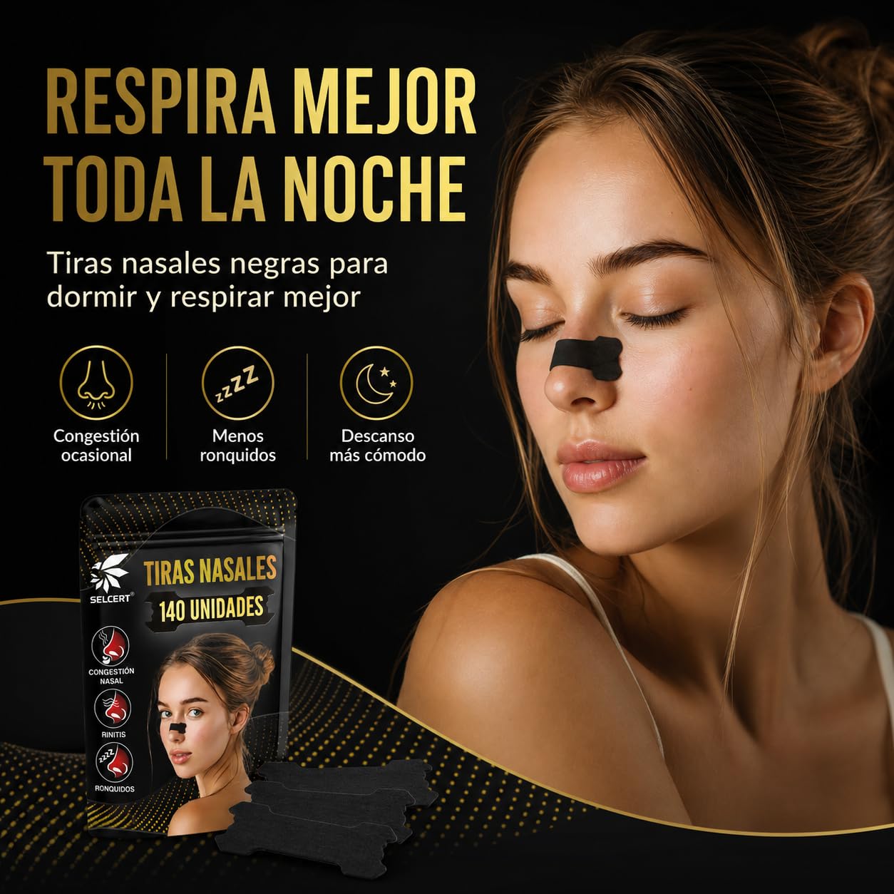 Tiras Nasales Antirronquidos x140 - Dilatador Nasal Negro para Dormir Mejor, Deporte y Congestión Nasal - Nasal Strips/Nose Strips, Adhesivo Fuerte