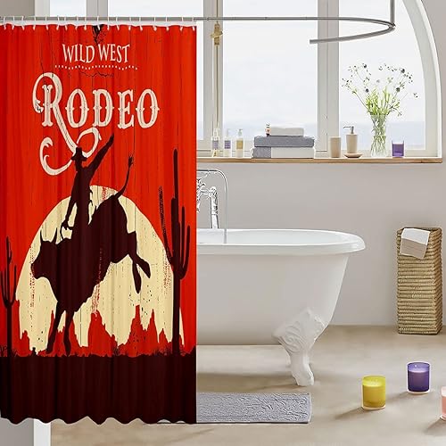 Miniatura 3 de Erosebridal Rodeo - Cortina de ducha occidental para niños y niñas, juego de cortina de ducha con puesta de sol rojo, vaquera, ganado, toro, granja,