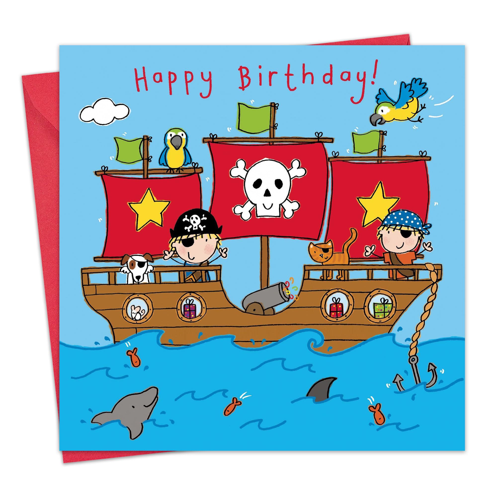 Twizler Boys Red Happy Birthday Card For With Pirates, Boat, Parrot And Swarovski Crystal Finish - Childrens Birthday Card - Birthday Card