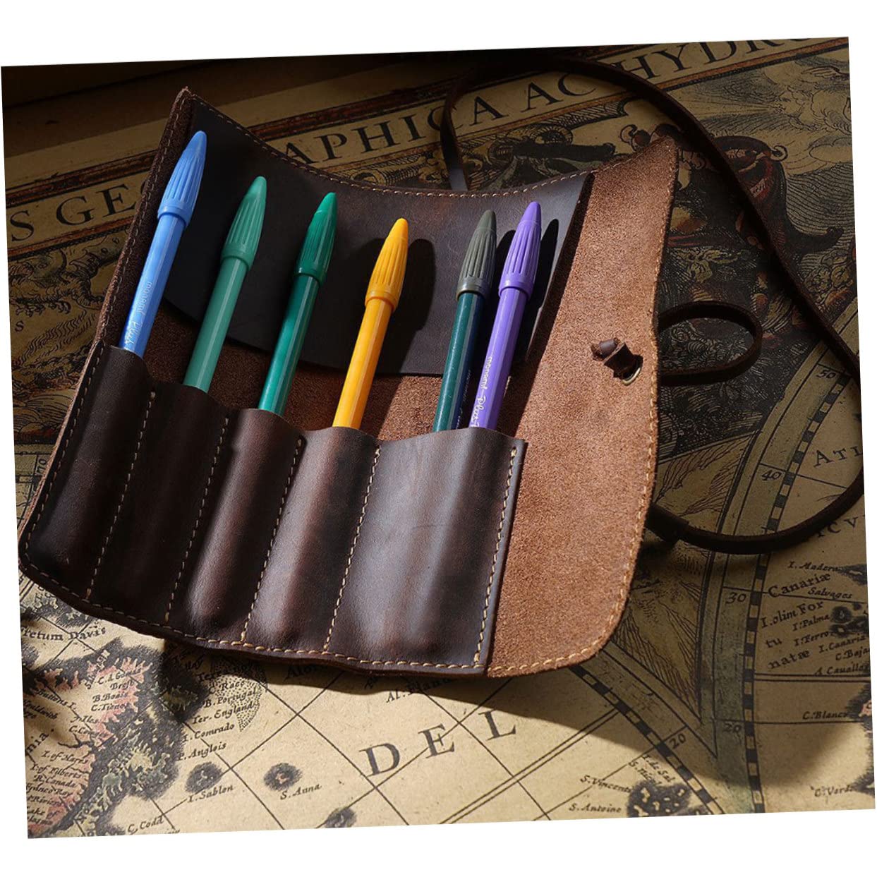 Estuche Enrollable de Cuero Vintage Retro para Lápices y Bolígrafos Café