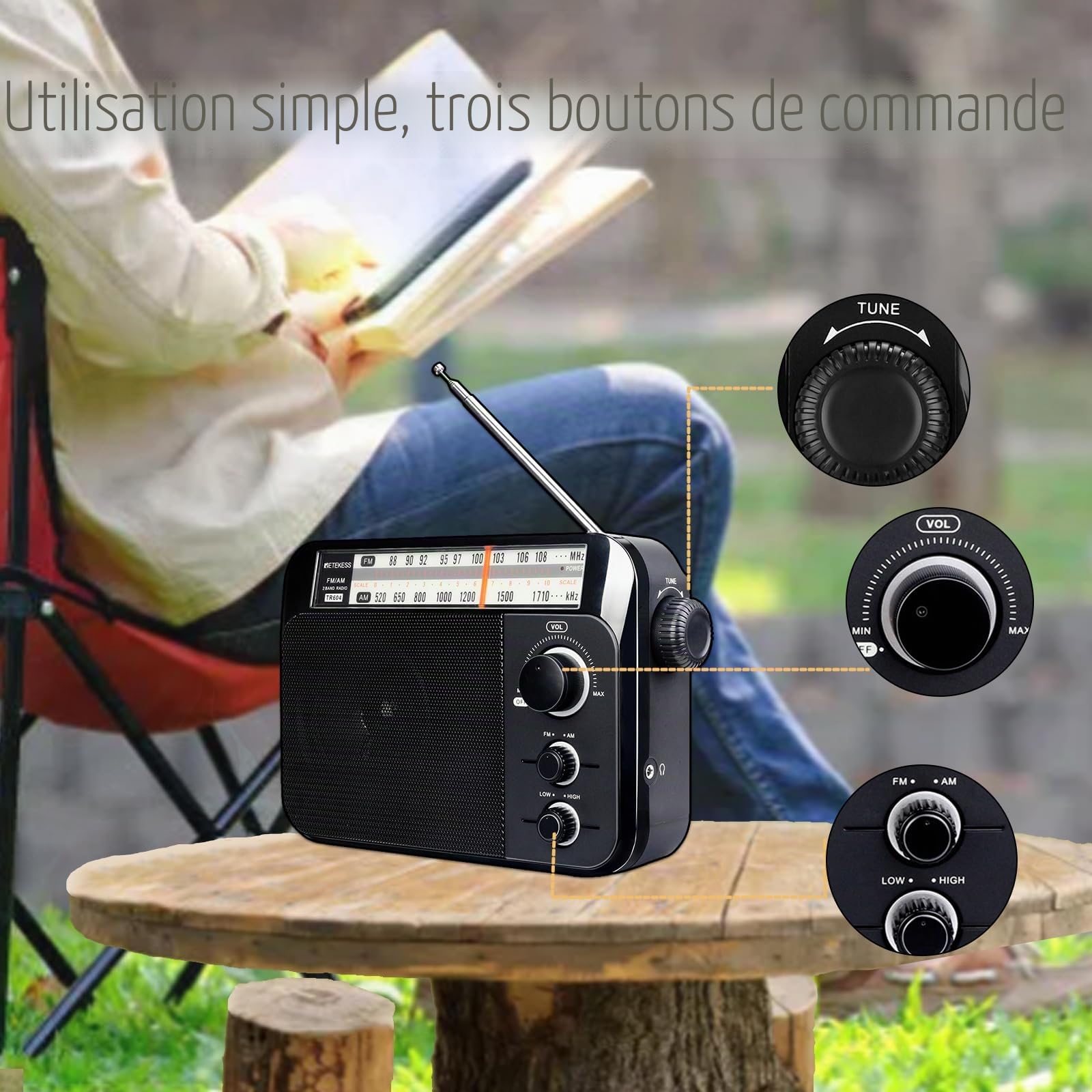 Retekess TR604 Radio Portable FM, Poste Radio Pile et Secteur, Excellente Réception Antenne, Transistor, Enceinte, Prise Casque, Grand écran,en Cadeau, pour Personnes Âgées