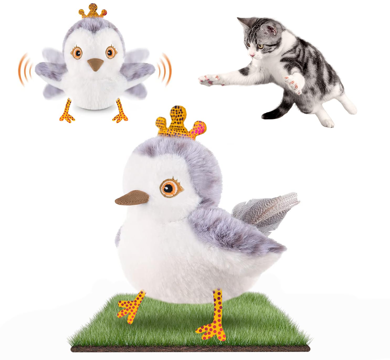 Cat Toys Flapping Bird (No Flying) Lifelike Sandpiper Royale Chirp Tweet Rechargeable Touch Activated Kitten Toy Interactive Exercise Toys for All Breeds Cat Kicker Catnip Toys
