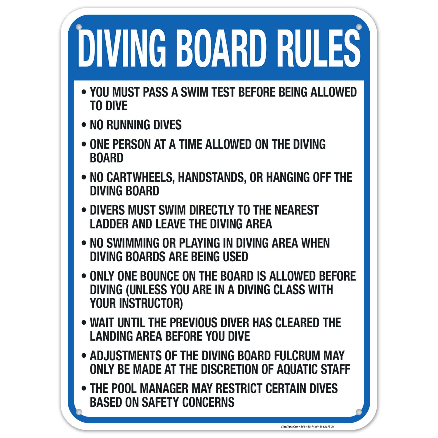 Washington Diving Board Rules Sign, Complies With State Of Washington Pool Safety Code, 18x24 Inches, 55 mil thick HDPS (high density polystyrene), Made in USA by Sigo Signs
