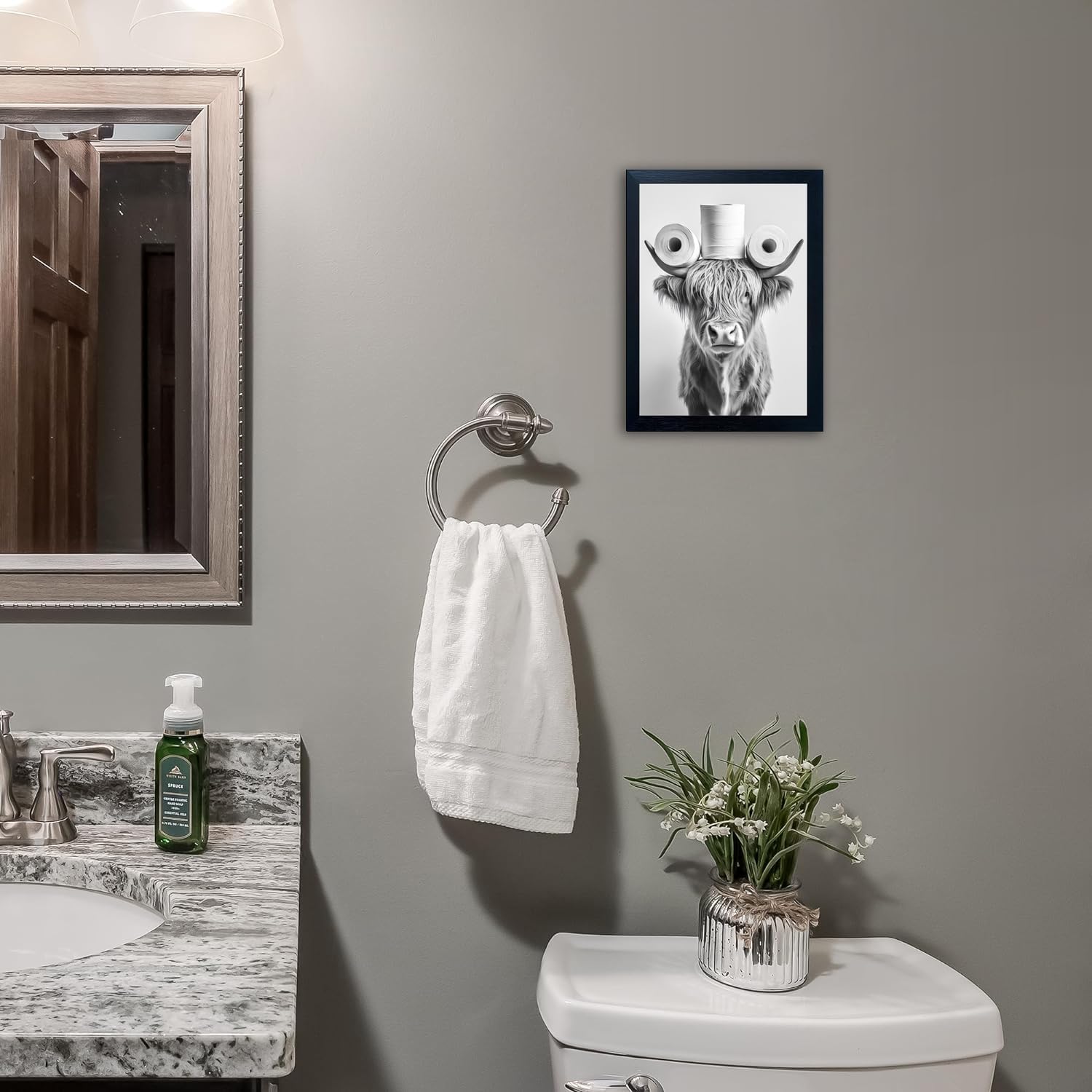 Funny Highland Cow Bathroom Wall Art with Toilet Paper on Head, Humorous Farmhouse Sign for Bathroom Decor, Rustic Black Framed Canvas Print for Restroom Toilet, Ready to Hang 12"x16"