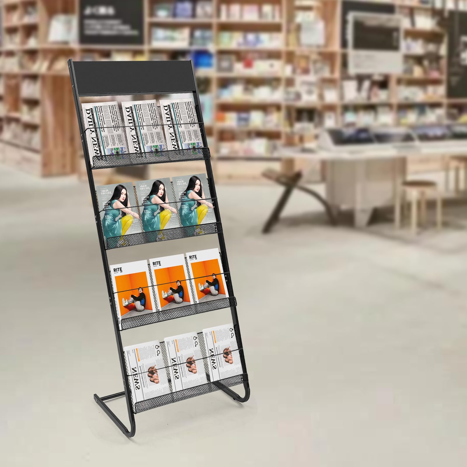 Portariviste a 4 ripiani, in metallo, autoportante, con design a rete, organizer per documenti per libri A4, robusto espositore per volantini per ufficio, soggiorno, scuola e sala d'attesa, nero