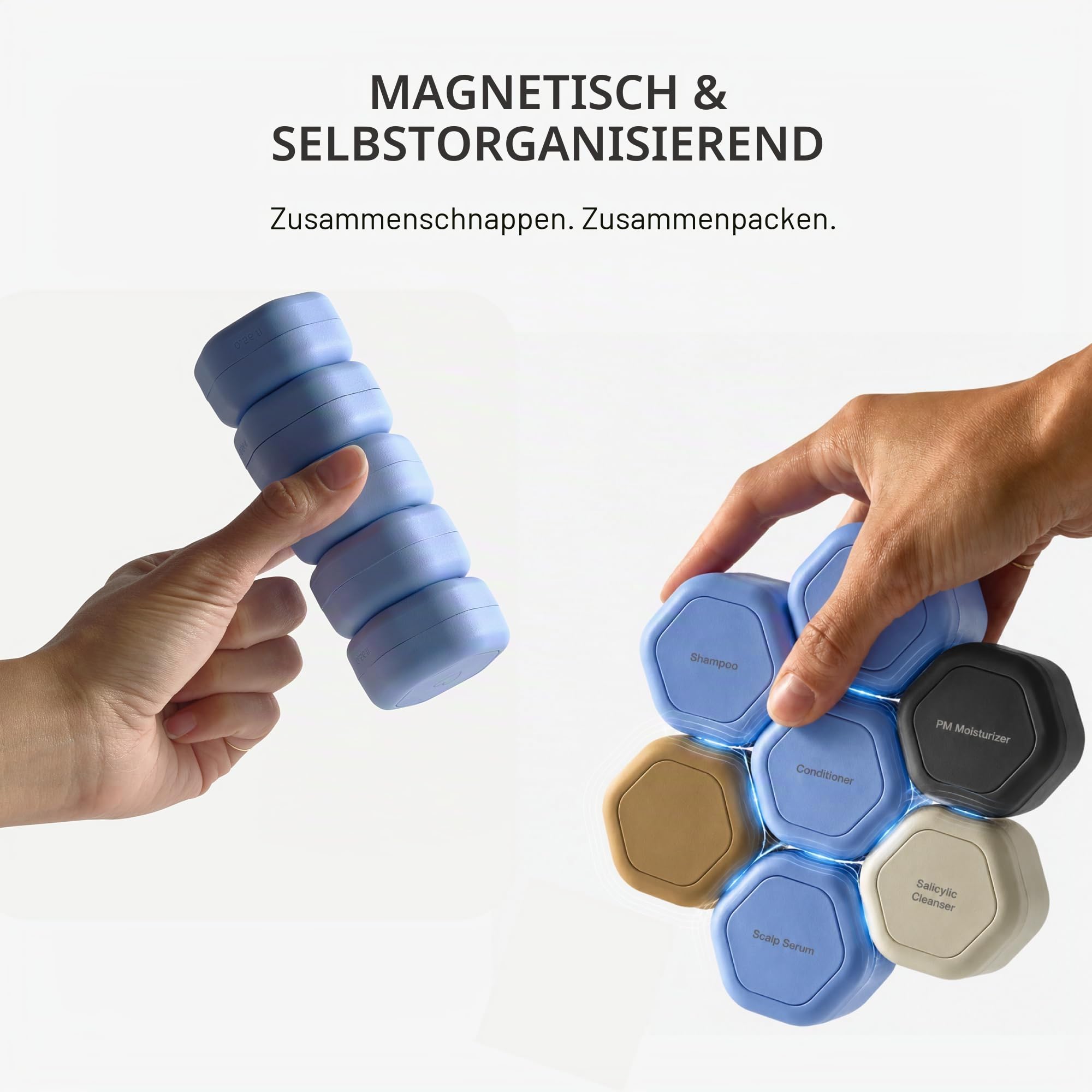 Cadence Reisebehälter – Core Hautpflege-Set – magnetische Behälter mit Deckel, 2 kleine (15,9 g) und 3 mittelgroße (37,4 g) – Reiniger, Feuchtigkeitscreme, Serum, Make-up-Entferner und