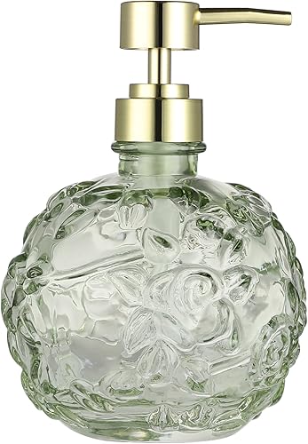 Dispensador de jabón de vidrio en relieve floral verde salvia, dispensador de jabón recargable para baño, cocina y encimera, respetuoso con el medio