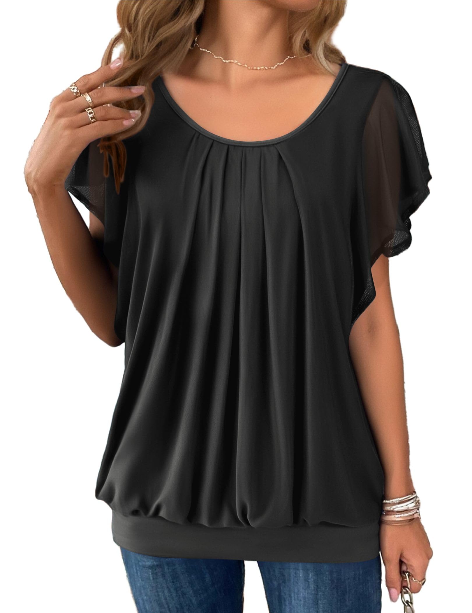Hotouch Blusen Damen Kurzarm Doppellagig Mesh Rundhals Oberteile Loose Flowy Flügelärmel Tunika Sommer elegant Top