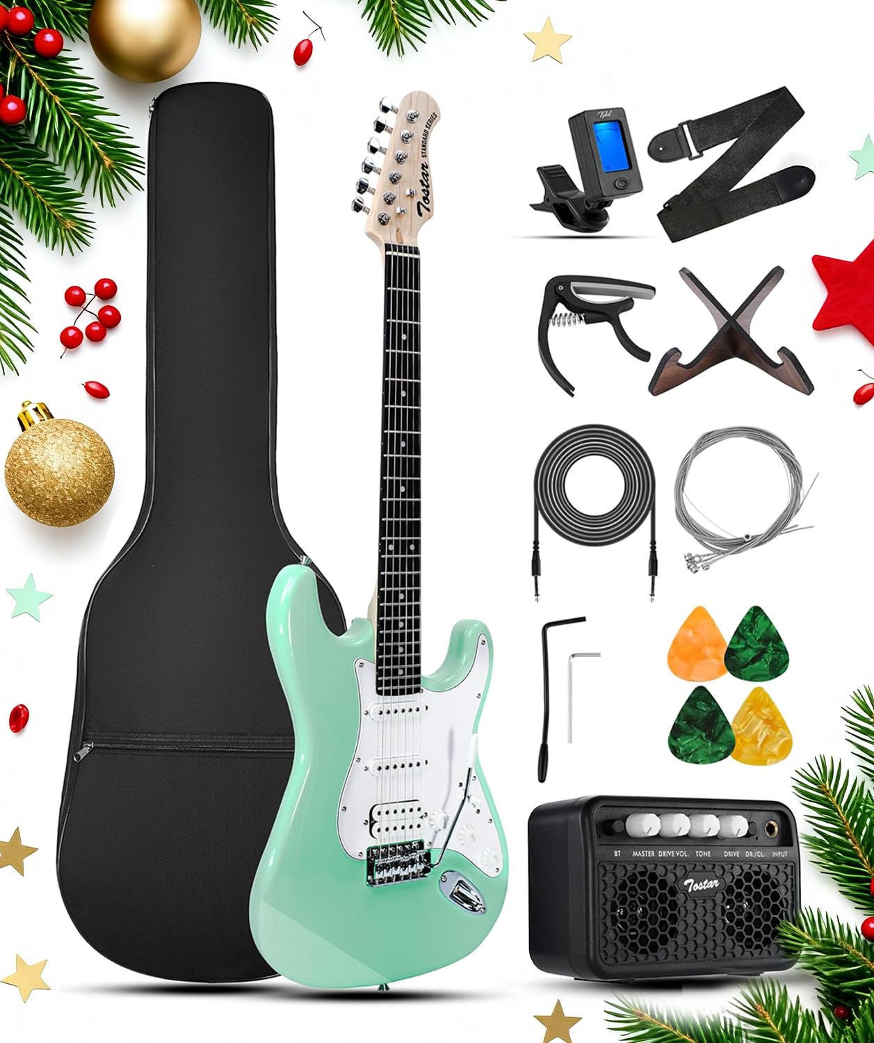E-Gitarren-Set, 99 cm, solide Rechtshänder, E-Gitarre für Anfänger mit Verstärker + Gurte + 4 Gitarrenplektren + 6 Saitensatz + Stimmgerät + Kabel + E-Gitarrentasche, TST-220 SFG