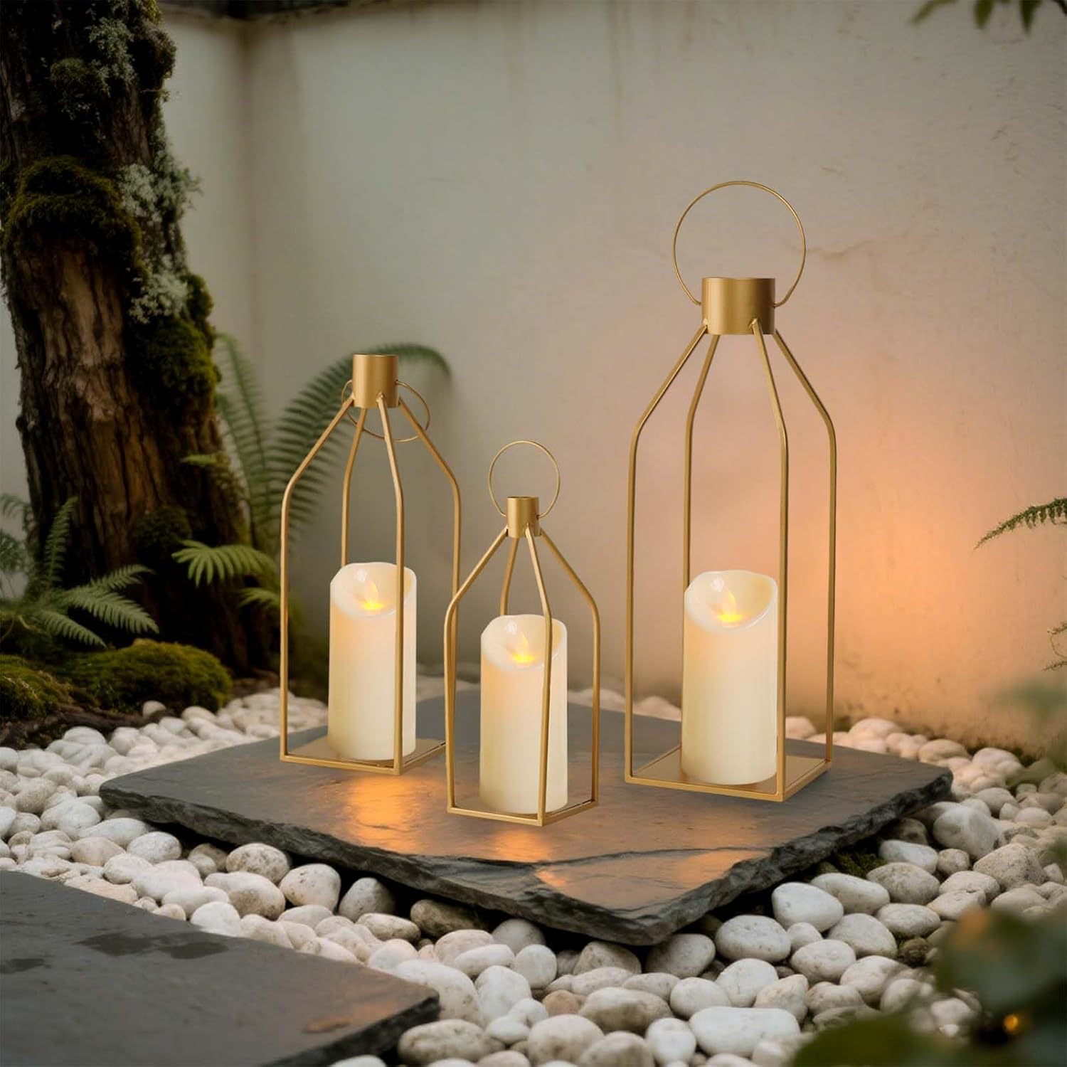 Elegant Gold Decorative Lanterns Set of 3-19/16/13 Inch Metal Indoor Lanterns Decorative with Flickering LED Candles, Front Entrance Decor for Home Wedding Christmas Housewarming Gift