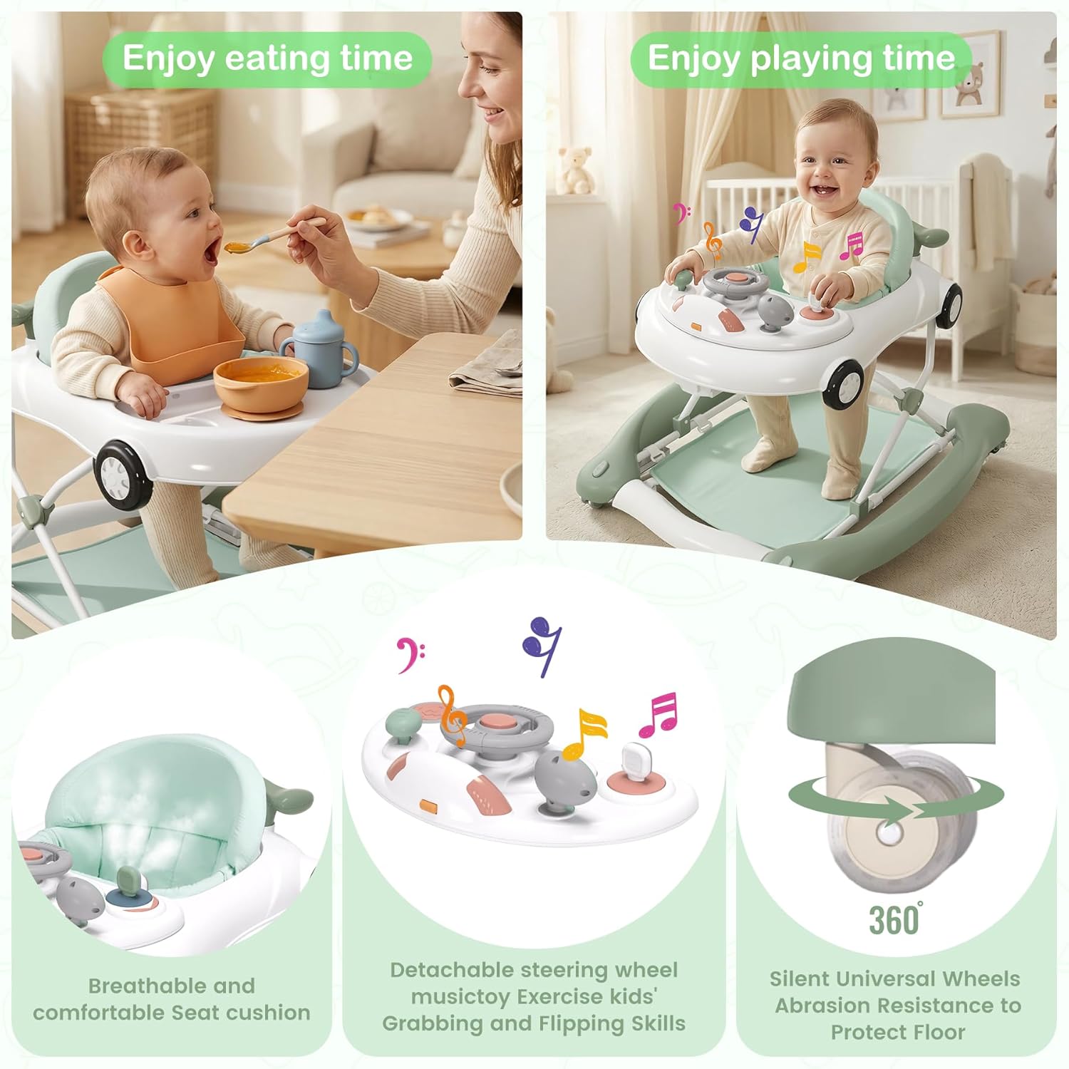 Baby Walker, 5-in-1 Baby Walker for Boys and Girls with Bouncer, Removable Footrest, Music, Foldable & Adjustable Speed Wheels Activity Walker for 6-18 Months Toddler Infant(Mint)