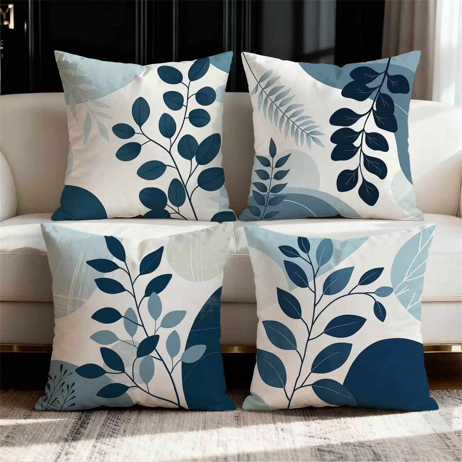 Heaen Outdoor Cushion Covers 45x45 cm Set of 4 Waterproof Linen Throw Pillowcases Blue Leaves Square Decorative Pillow Covers for Garden Patio Furniture