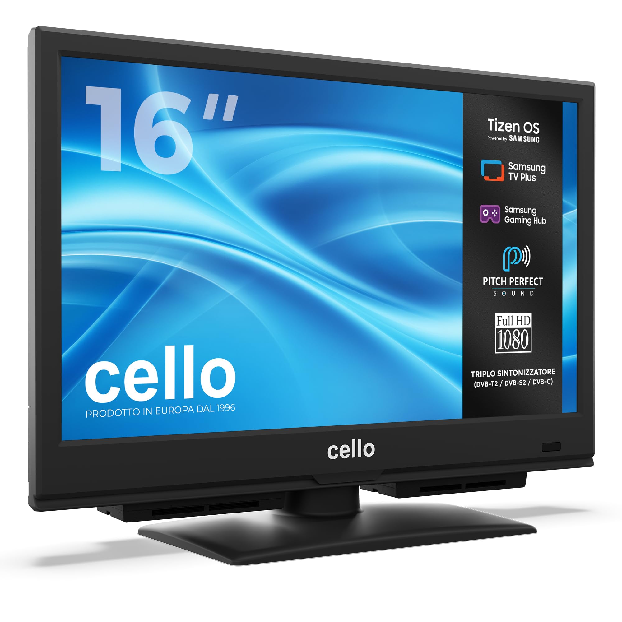 Cello C1626TZH Smart TV 16" con Tizen OS di Samsung, Bluetooth e audio Pitch Perfect, triplo sintonizzatore, TV compatta ideale per cucina, camera e piccoli spazi, alimentazione solo da rete elettrica