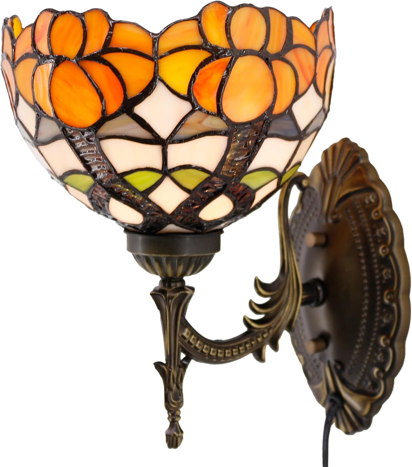 Tiffany Wall Sconce Lamp Plug In or Hardwire Wall Light with 8 Inch Yellow Stained Glass Flower Lampshade 8X10.5X11 Inch, Base Finished Antique Bronze, 6ft Cord with On/Off Switch, Bulb Not Included