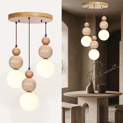 Wabi Sabi Pendant Light,3-Light Travertine Stone Fixture-Japandi Japanese Style Lamp,Nordic