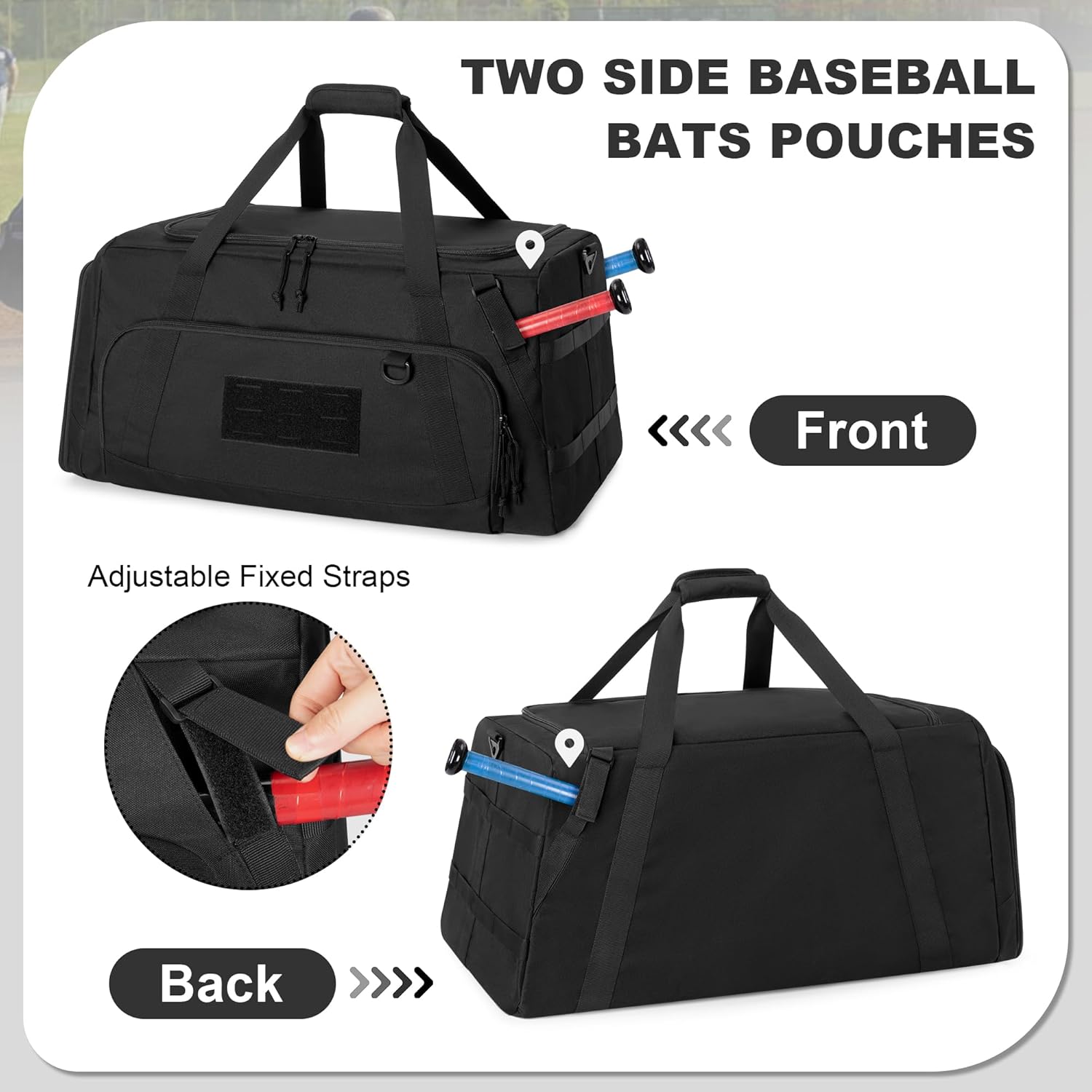 Tactical Baseball Duffle Bag with 2 Bat Holder, Catchers Gear Bag for Softball Equipment, Travel Baseball Bags with Shoe Compartment for Gym Sports
