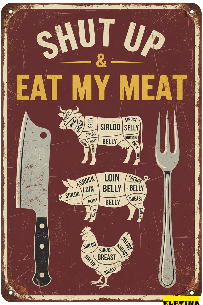 BBQ Cow Pig Chicken Meat Tin Sign, 8x12 Inch