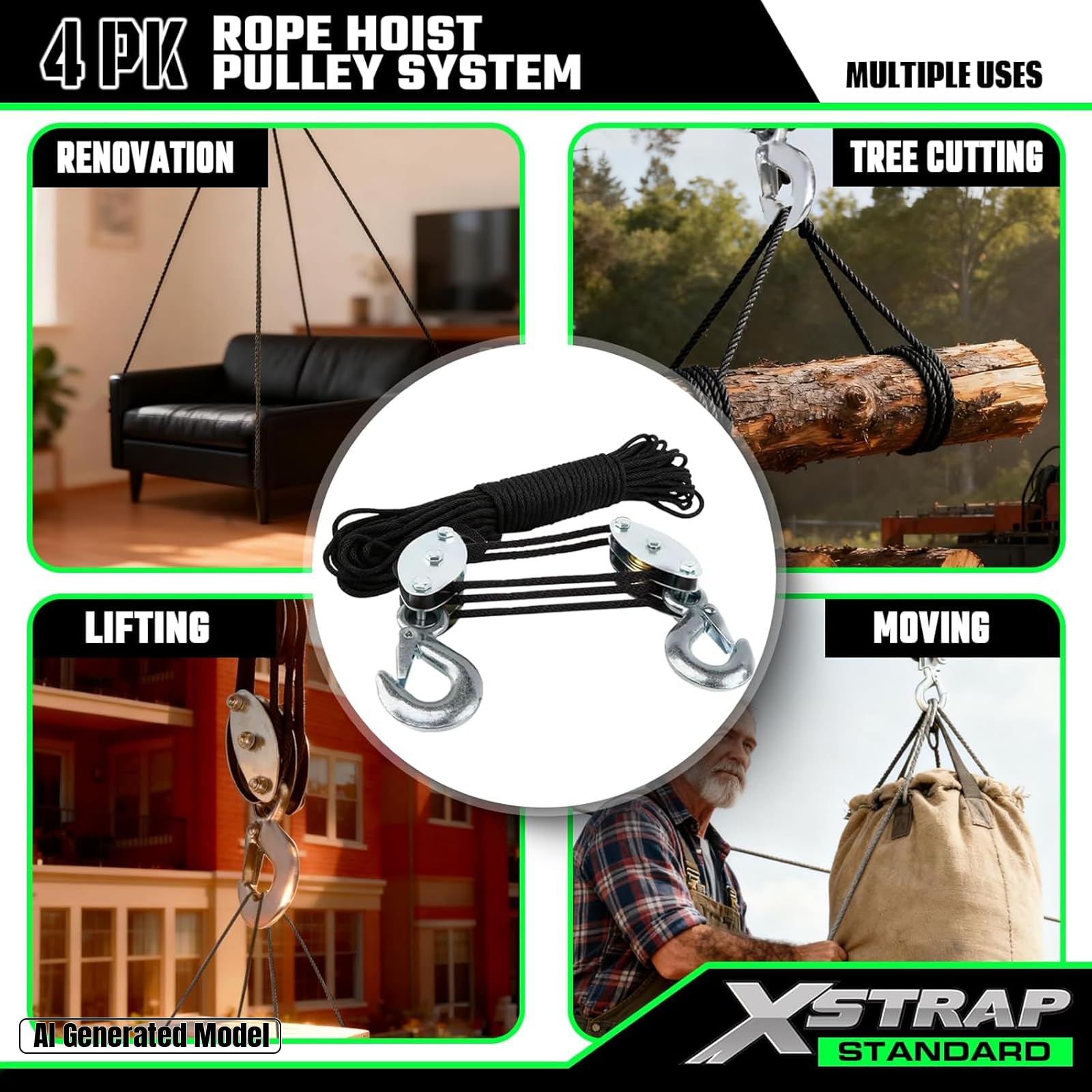 XSTRAP STANDARD Wytrzymały wciągnik linowy o wadze 1,8 kg, 1,8 kg, 1,8 m z zawiesią podnoszącą 2 szt. (czarny)