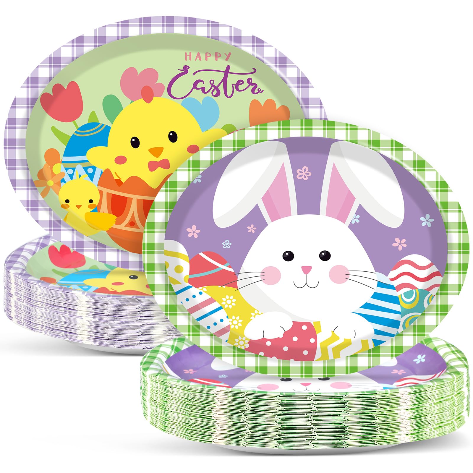 Qyeahkj Ovale Pappteller "Happy Easter", groß, 27,9 cm, Einweg-Hasen-Party-Dekorationen, bunte Ostereier, Gastgeschenk für Oster-Party, Geschirr-Set, 50 Stück