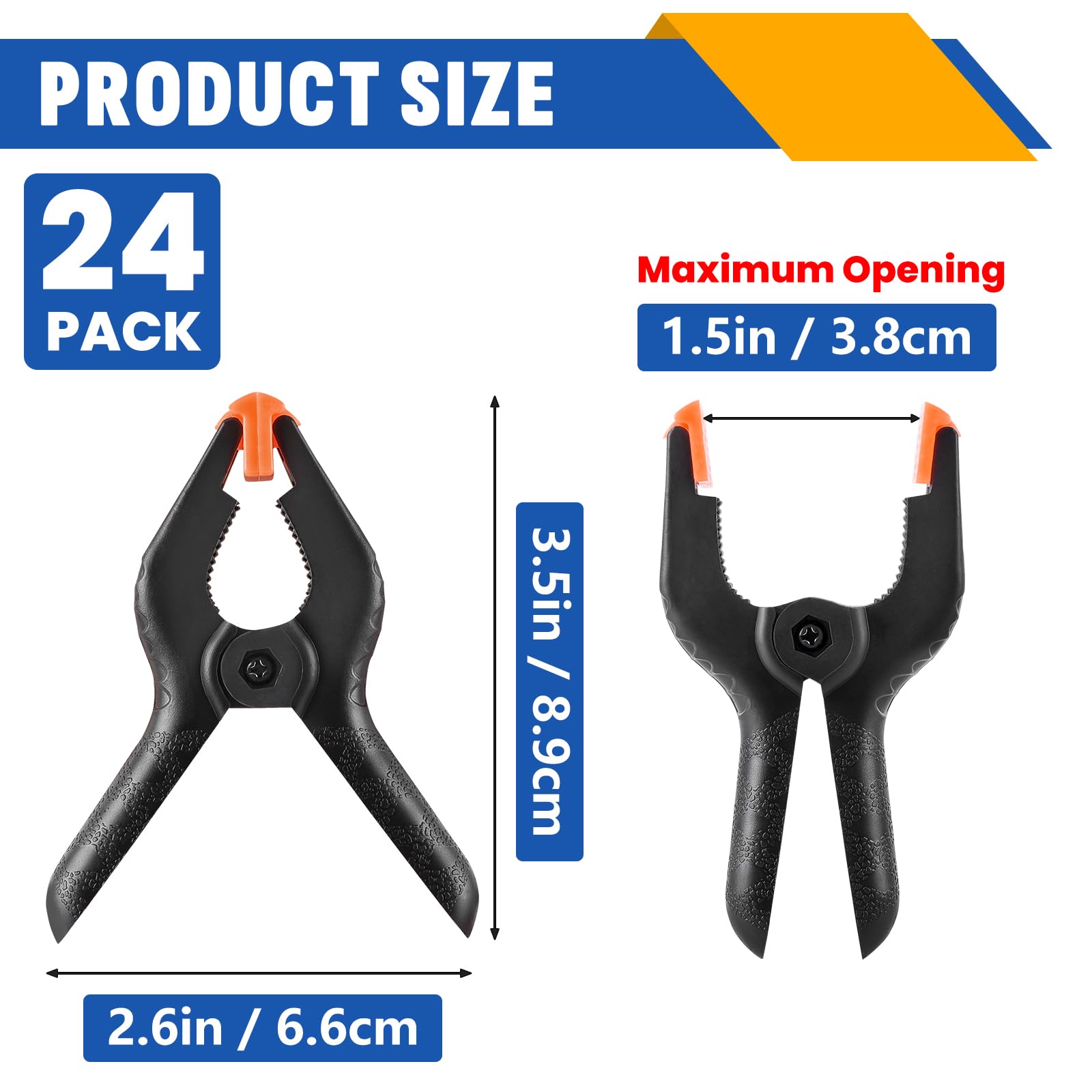 24 Pack 3.5 inch Plastic Spring Clamps, Black Heavy Duty Clips, Backdrop Clips, Plastic Clamps for Crafts, Backdrop Stand, Woodworking, Photography