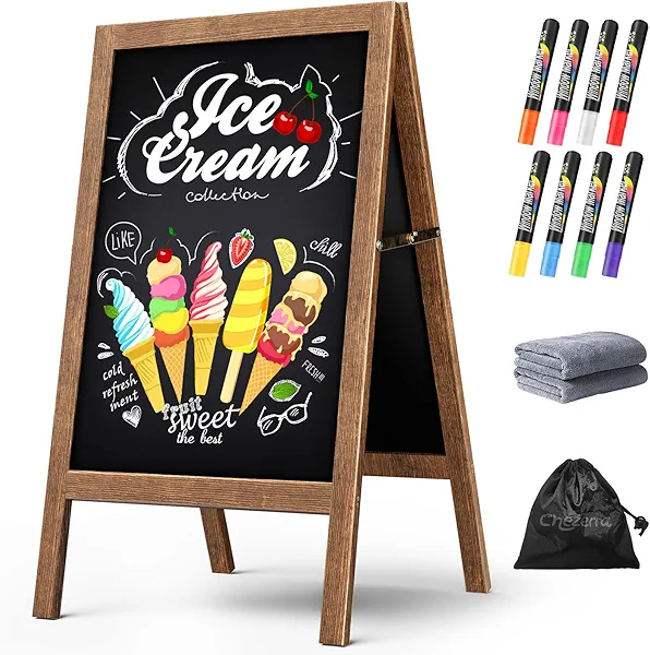 Chezerra A Frame Chalkboard Sign, 40"x20" Extra Large Sidewalk Chalk Board, Wooden Standing ChalkBoards Set with Markers, Double-Sided Magnetic Blackboard for Cafés, Weddings, Party Guide, Brown