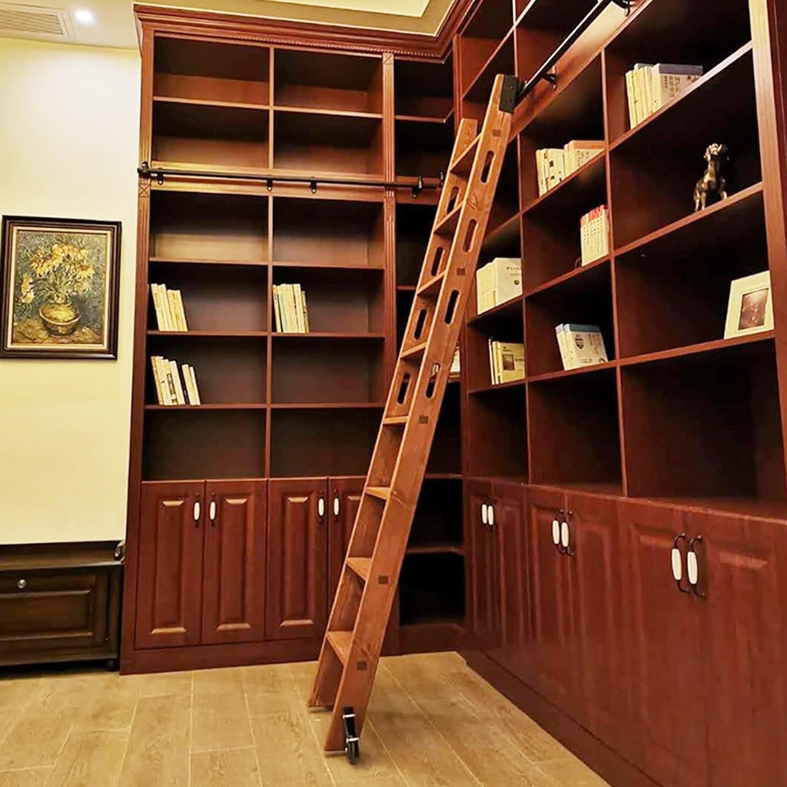 Scala in legno con rotelle, ferramenta scorrevole per biblioteca, binario per scale, rulli per pavimenti con freno, nero (senza scala), sistema di binari per scale mobili ufficio biblioteca soppalco(2