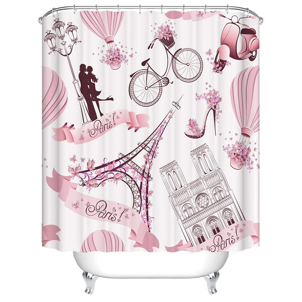 BOYOUTH Romantic Paris Theme Elements Pattern Digital Print Bath Shower Curtains for Bathroom Decor,Polyester Waterproof Fabric Bath Curtain with 12 Hooks,70x70 Inches,Multicolor โ image 1