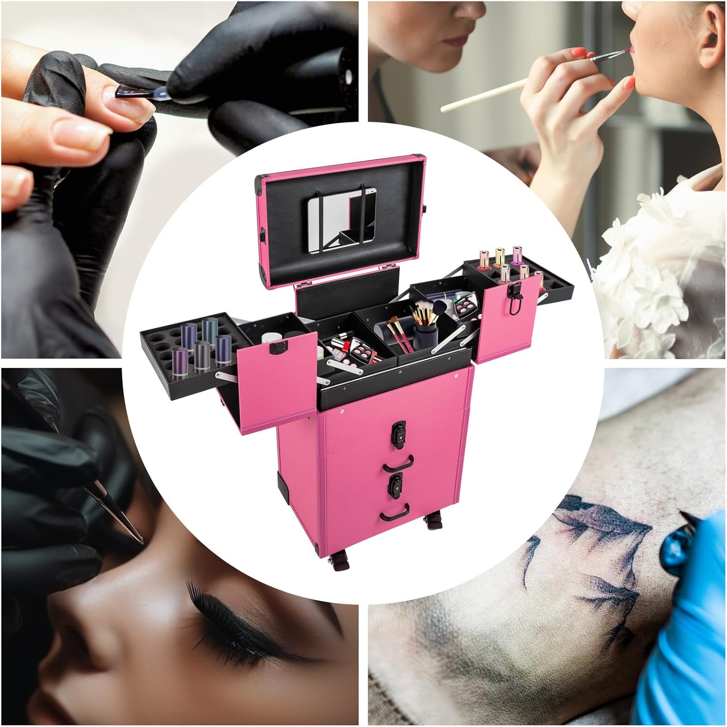 Makeup Train Case, Portable Rolling Makeup Trolley with 4 Wheels & Locks Cosmetology Case with 2 Drawers for Wedding Makeup Scenarios, Outdoor Shooting (Rose)