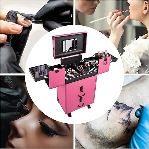 Miniatura 3 de Estuche de maquillaje profesional con ruedas, estuche de tren de maquillaje rodante con cajones y espejo, estuche de viaje para artista de