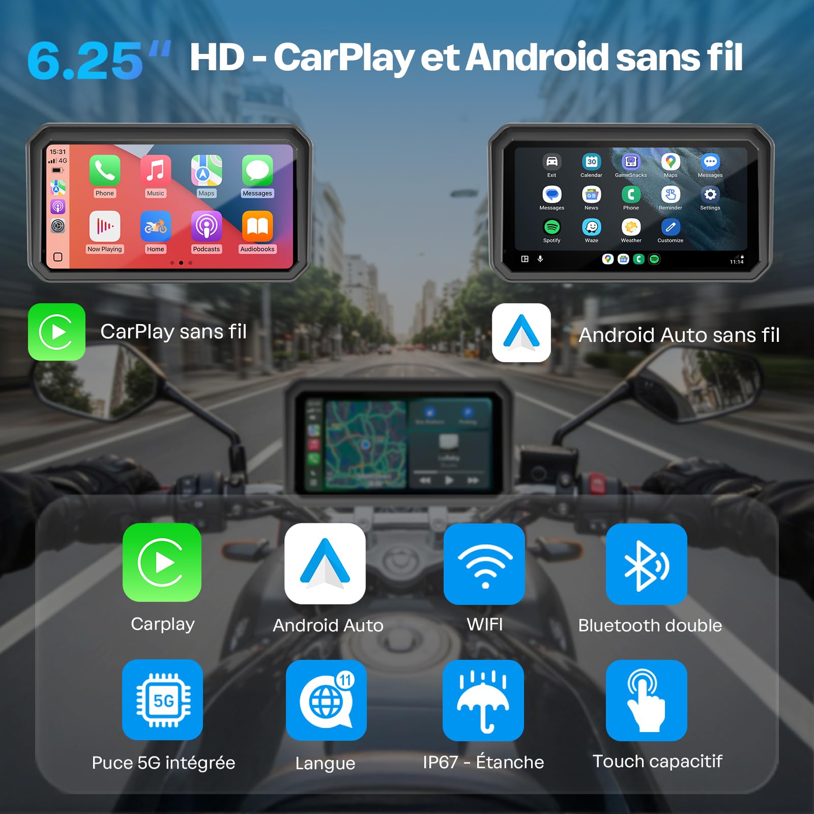 WonVon CarPlay 6.25 Pouces Système de Navigation GPS pour Moto avec Apple CarPlay et Android Auto écran Portable avec Double Bluetooth, Navigation, Siri, Google Assistant Support magnétique