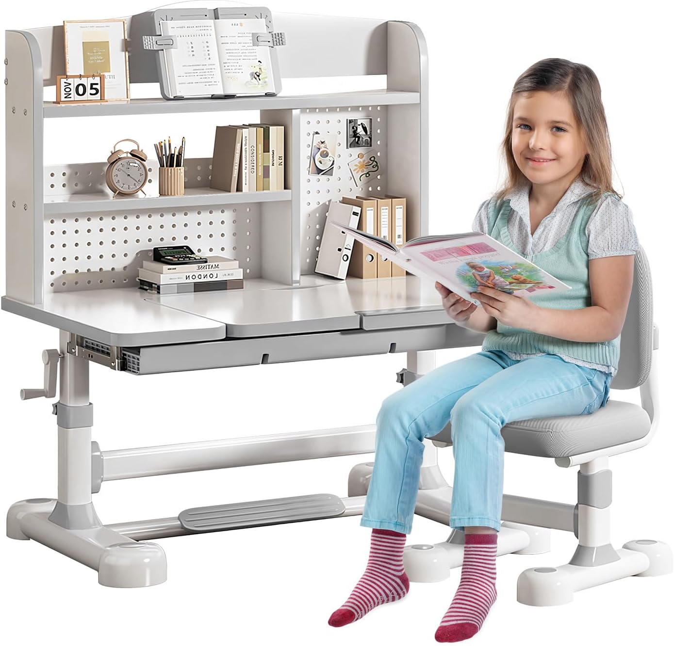 Height Adjustable Desk and Chair Set for Kids, Ergonomic Learning Desk with Tiltable Desktop Hand Crank Children's Study Table with Bookshelf & Large Storage Drawer Student Workstation for Ages 3-12