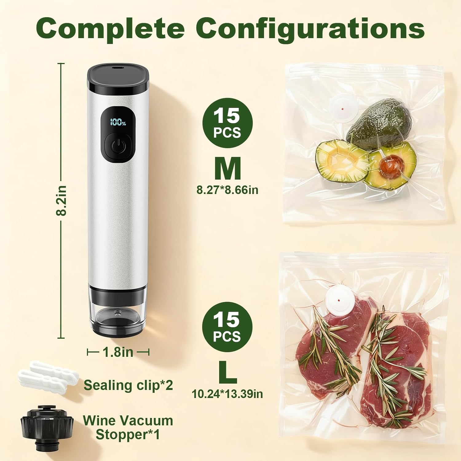 Premium Metal Handheld Vacuum Sealer, Vacuum Sealer for Food with Power Display & Detachable Tank, 60kPa Strong Suction, Includes 30 Reusable Bags & Wine Stopper for Food Preservation- Silver - Image 5