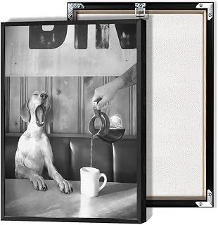 Vintage Coffee Posters Funny Black And White Animal Dog Yawning Canvas Wall Art Kitchen Coffee Lover Room Aesthetic Prints Painting For Home Bedroom Dorm Wall Decor 12x16in Framed