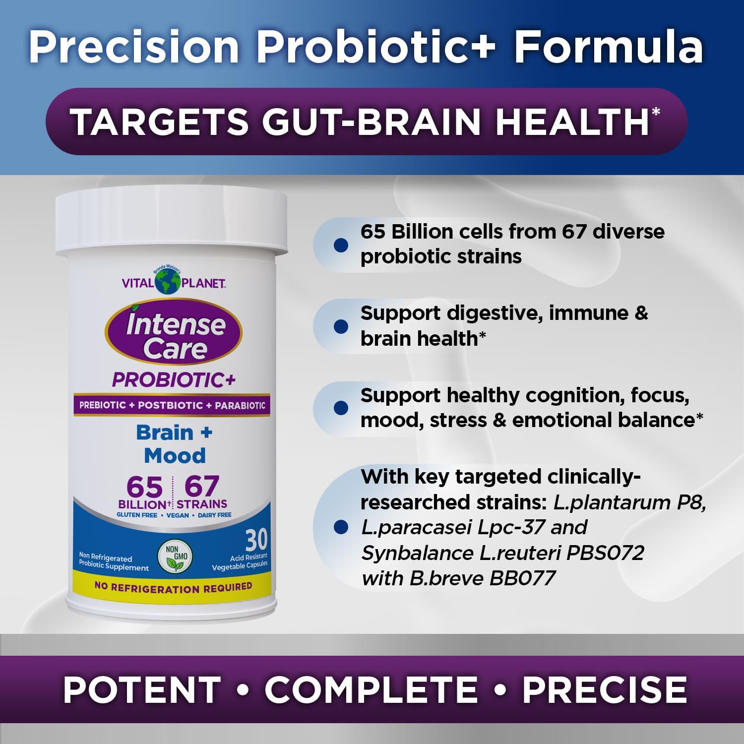 Vital Planet - Intense Care Brain & Mood Probiotics, Organic Prebiotics, Postbiotics, Parabiotics, Complete 4-in-1 Health Supplement for Adults, 65 Billion CFU, 67 Strains, Digestive and Immune 30 ct