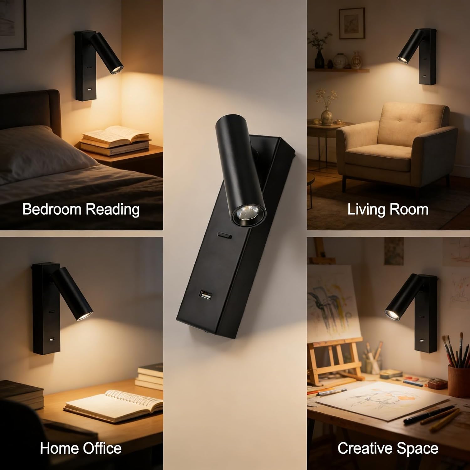 LED Wall Mounted Reading Light, Black, USB Port – Simple Stylish Design, 350° Rotatable Head, Wall Lights for Bedroom Living Room