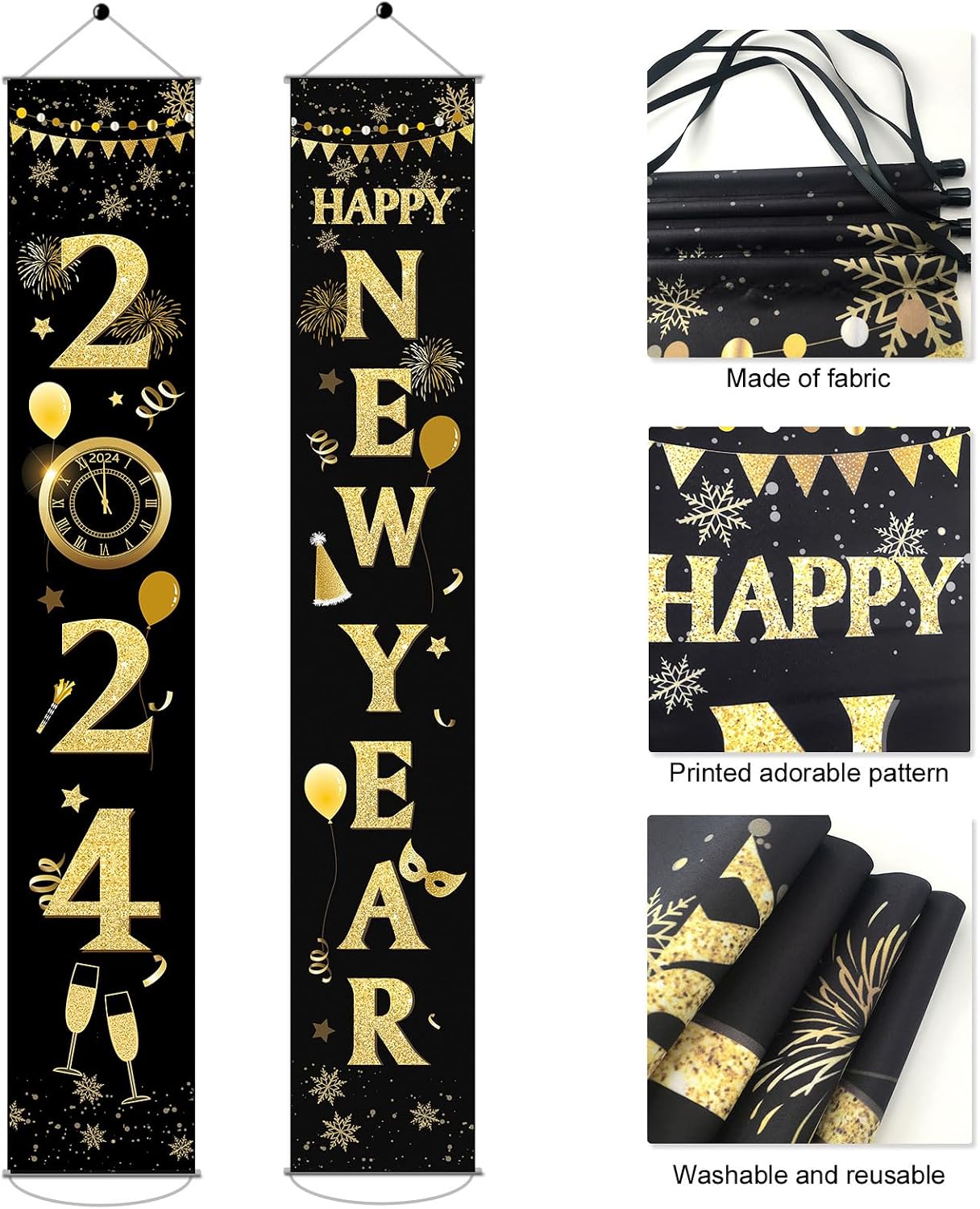 Large 2024 Happy New Year Door Banner New Year Porch Banner Signs Happy New Year Hanging Decorations for New Years Eve Party Supplies 2024 NYE Party Decorations