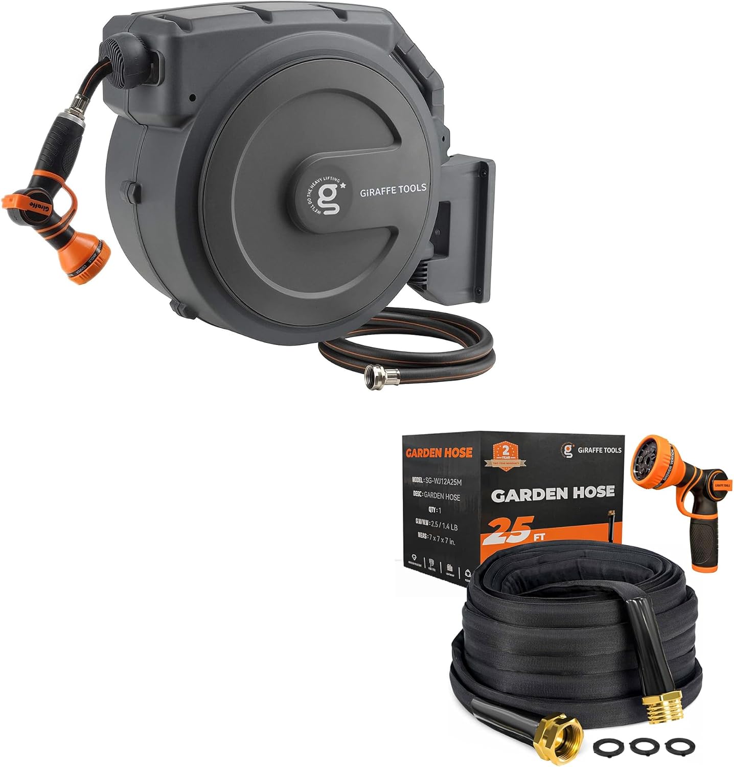 Giraffe Tools Retractable Garden Hose Reel 1/2 Inch x 130 ft, Super Heavy Duty and Garden Hose 25FT x 5/8” Lightweight Lay Flat Water Hose Kink Free Flexible Hose with 9 Spray Function Nozzle