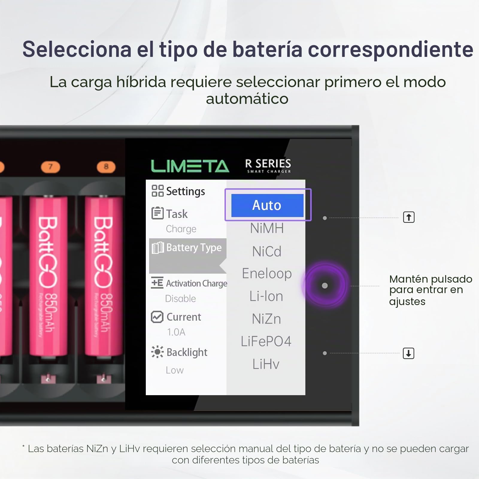 LIMETA 16 Ranuras Cargador Inteligente AA/AAA con Carga Rápida Independiente para Baterías Recargables NiMH/NiCd/NiZn/Li-Ion - Función de Descarga y Detección Automática - Incluye Adaptador DC