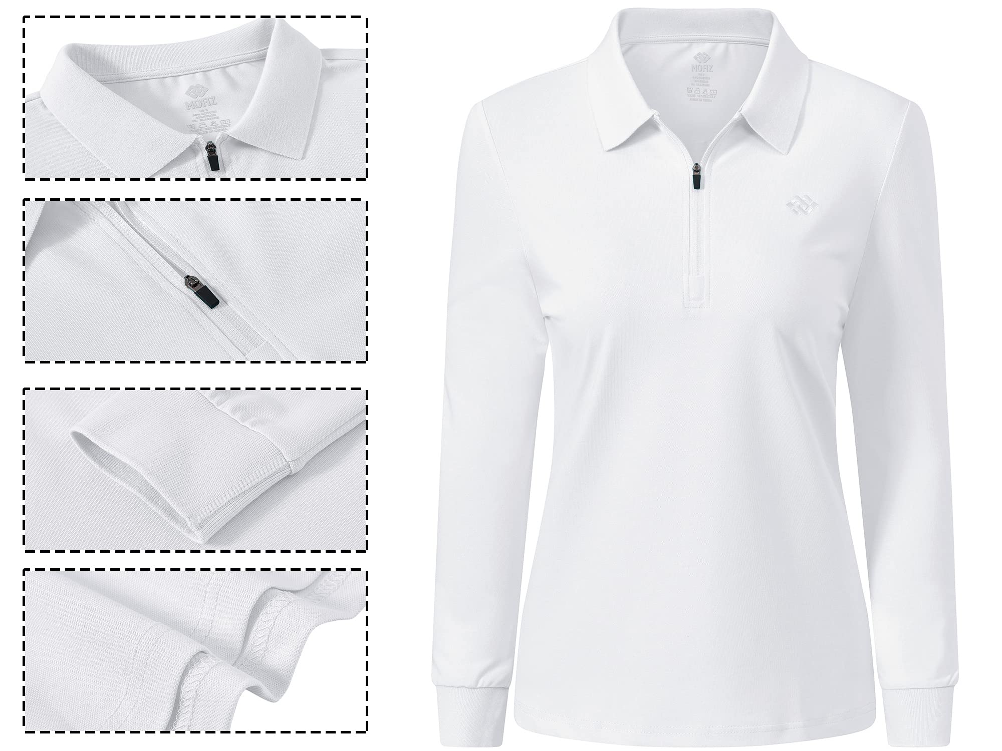 Mujer Polo de Manga Larga Algodón Camiseta de Golf Trabajo con Cremallera