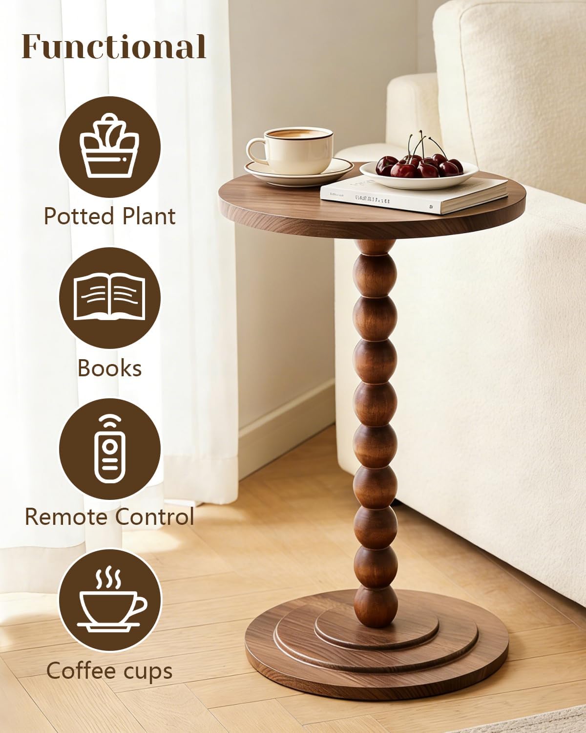 Small Round Side Table, Drink Table, Coffee Martini Table for Small Spaces Modern Accent End Table Nightstand with Solid Wood Leg for Living Room, Bedroom, Corners, and Office (Walnut)
