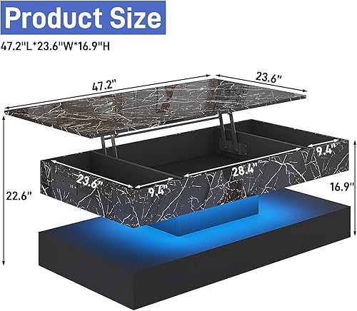 Miniatura 2 de 47.2" Mesa auxiliar grande con superficie de elevación, mesa de centro moderna con acabado brillante y compartimento de almacenamiento oculto, mesas