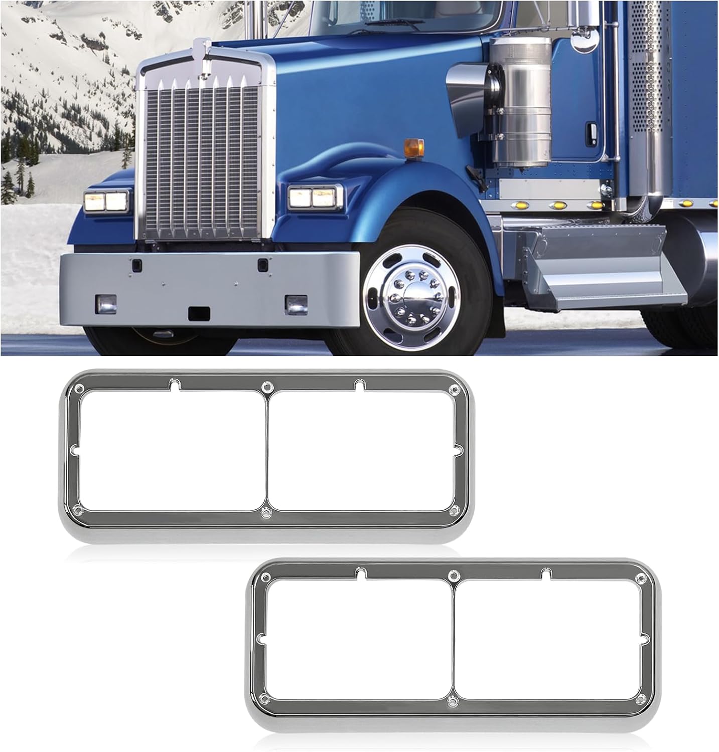 Chrome Headlight Bezel Compatible with Kenworth T400 T600 T800 W900 K100 C500 Peterbilt 378 379 Western Star 4900 Freightliner FLD Classic XL Driver and Passenger Side Semi Truck Accessories
