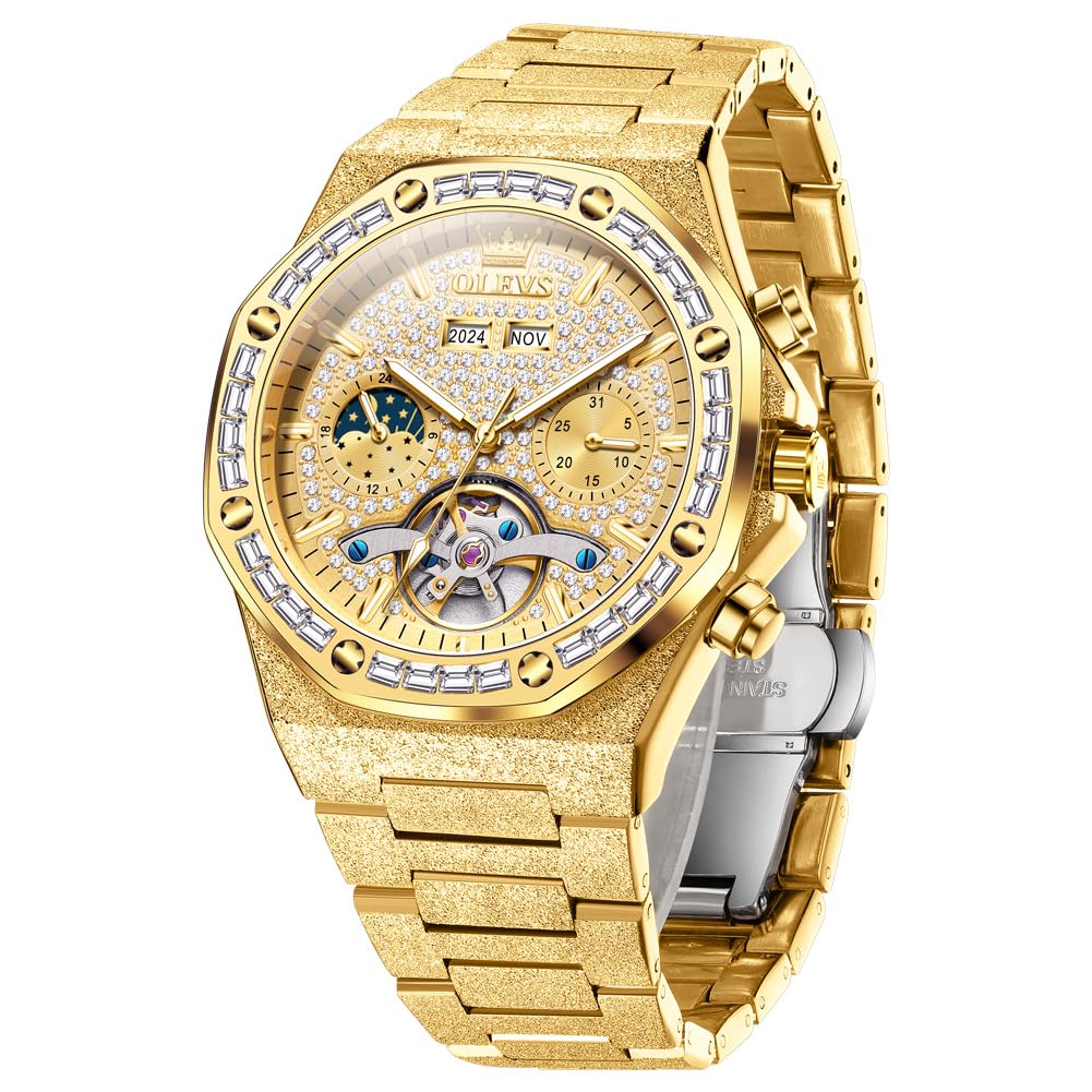 OLEVS Automatic Mens Watches Self Winding Mechanical Business Diamond Luxury Dress Gold Face Stainless Steel Waterproof Luminous Wrist Watch
