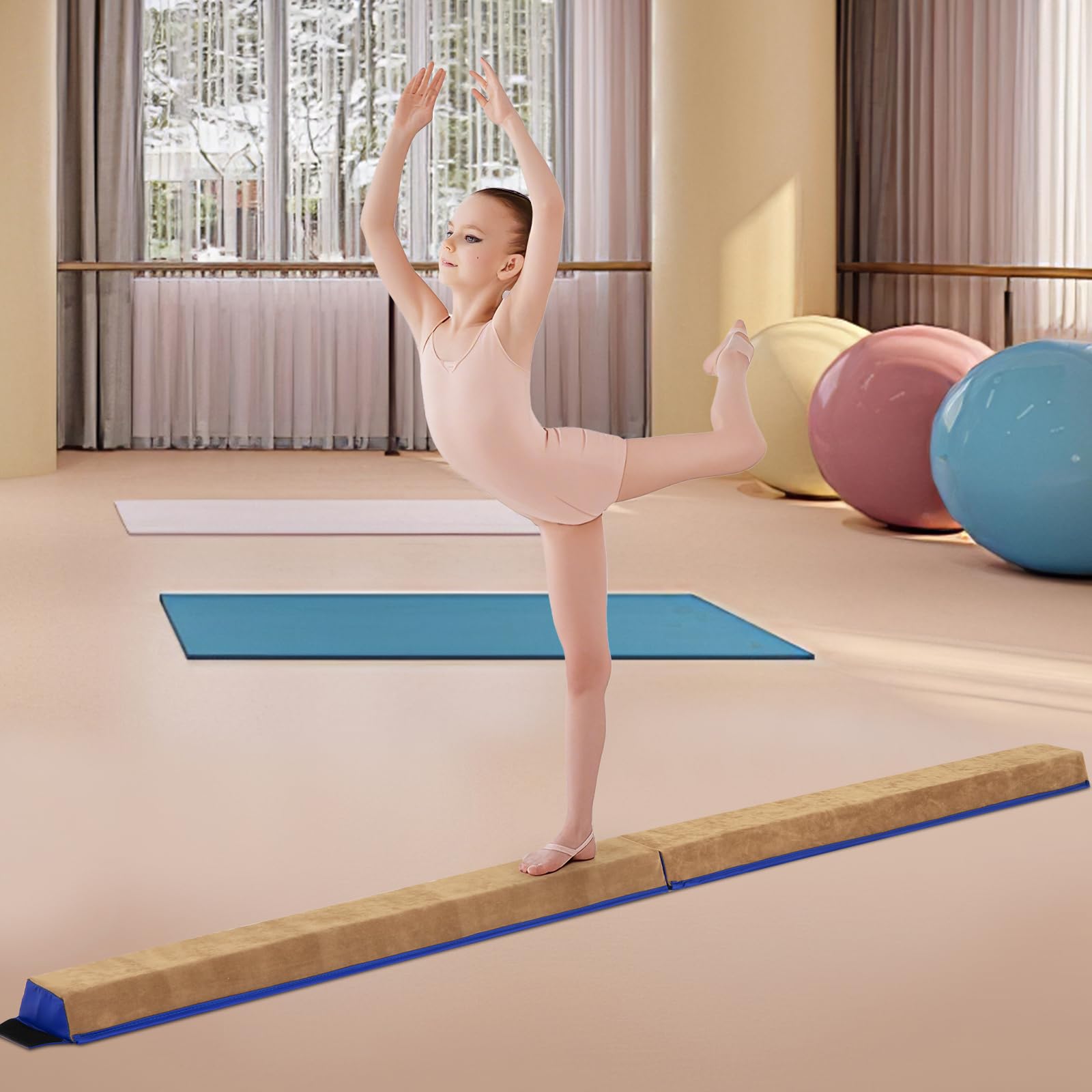 COSTWAY Trave da Ginnastica per Bambini Pieghevole 240 cm, Trave di Equilibrio Portatile conSuperficie in Pelle Scamosciata e Schiuma Morbida, Attrezzatura per Ginnastica a Casa